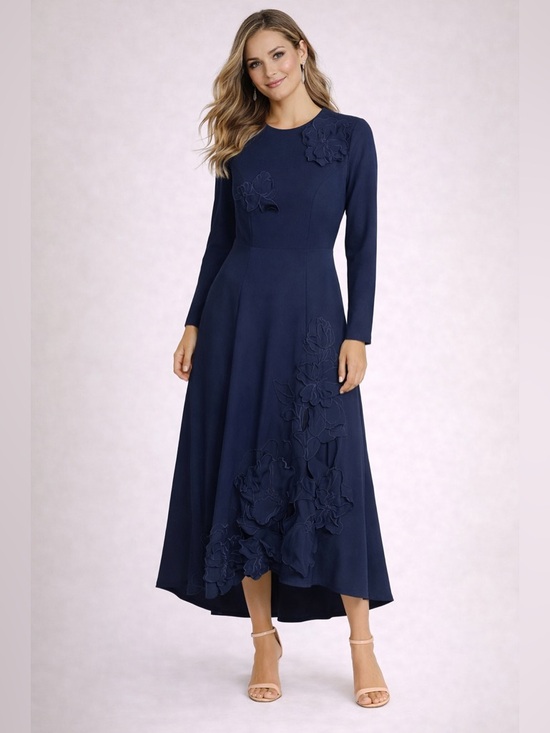 Dresses & Skirts - Women’s Navy Long Sleeve 3-D Floral Appliqué Tea Length Dress M 8/10